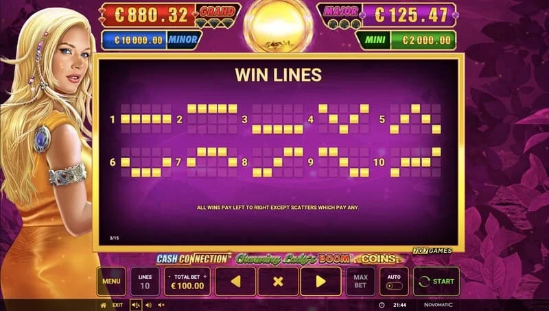 Cash Connection - Charming Lady's Boom Coins - paylines and Wild Charming Lady